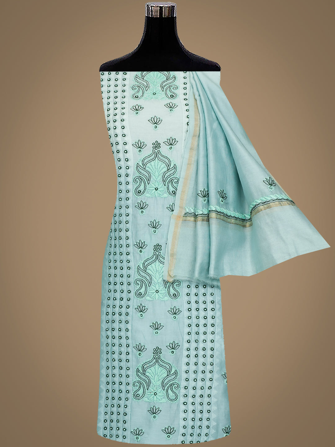 Ada Hand Embroidered Teal Green Chanderi Lucknowi Chikankari Unstitched Kurta Dupatta Set 01A904806
