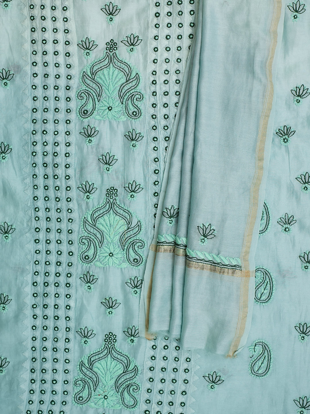 Ada Hand Embroidered Teal Green Chanderi Lucknowi Chikankari Unstitched Kurta Dupatta Set 01A904806