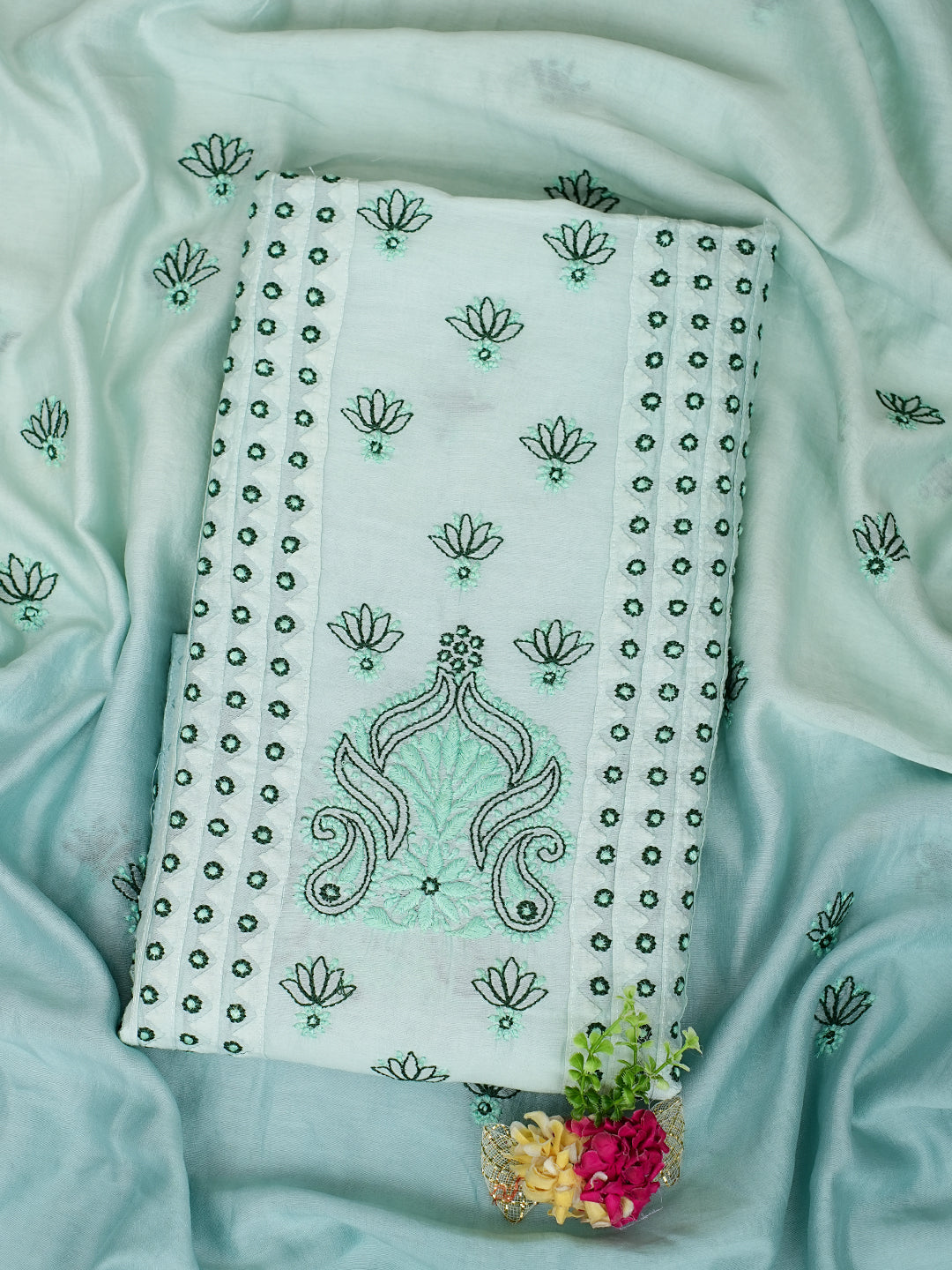 Ada Hand Embroidered Teal Green Chanderi Lucknowi Chikankari Unstitched Kurta Dupatta Set 01A904806