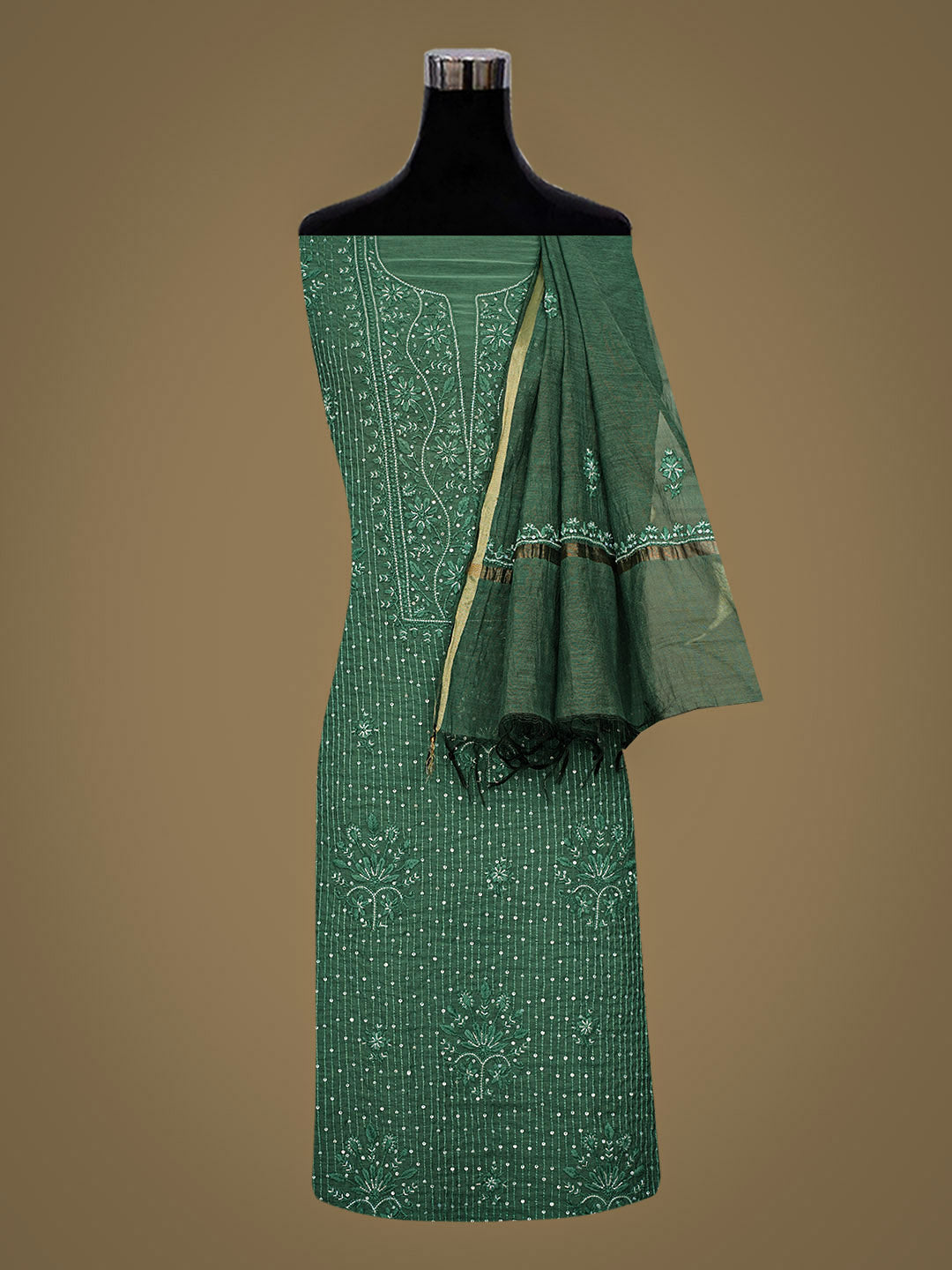 Ada Hand Embroidered Teal Green Chanderi Lucknowi Chikankari Unstitched Kurta Dupatta Set With Cutdana Work 01A762801