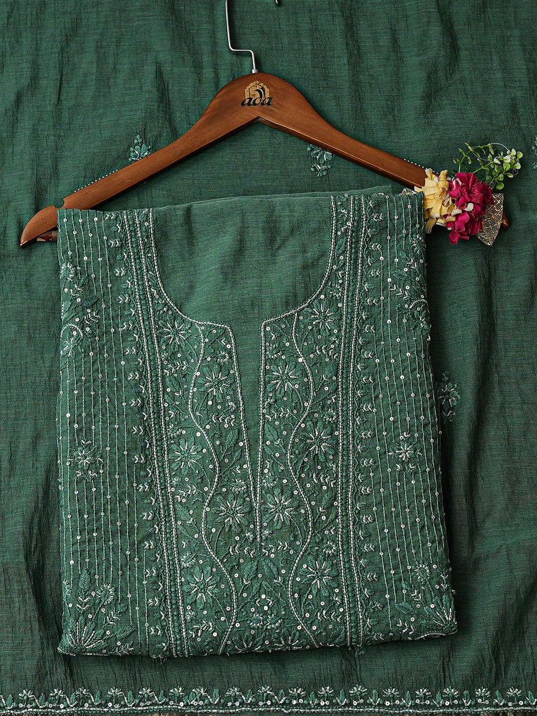 Ada Hand Embroidered Teal Green Chanderi Lucknowi Chikankari Unstitched Kurta Dupatta Set With Cutdana Work 01A762801