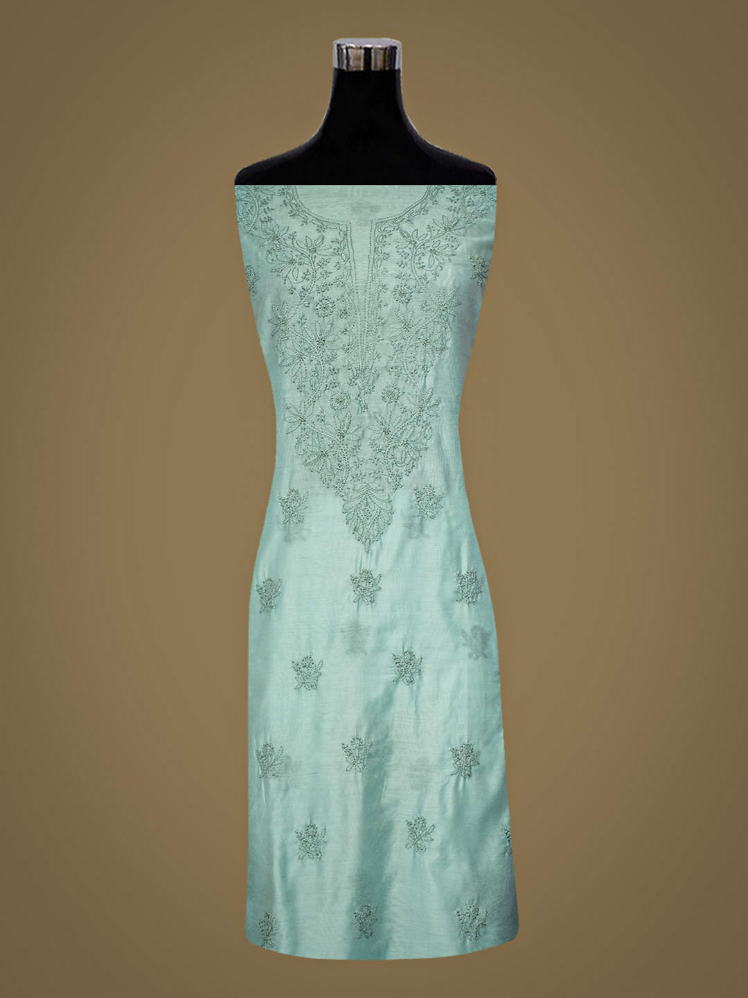 Ada Hand Embroidered Teal Green Chanderi Unstitched Lucknowi Chikankari Kurta Dupatta Set 01A981112
