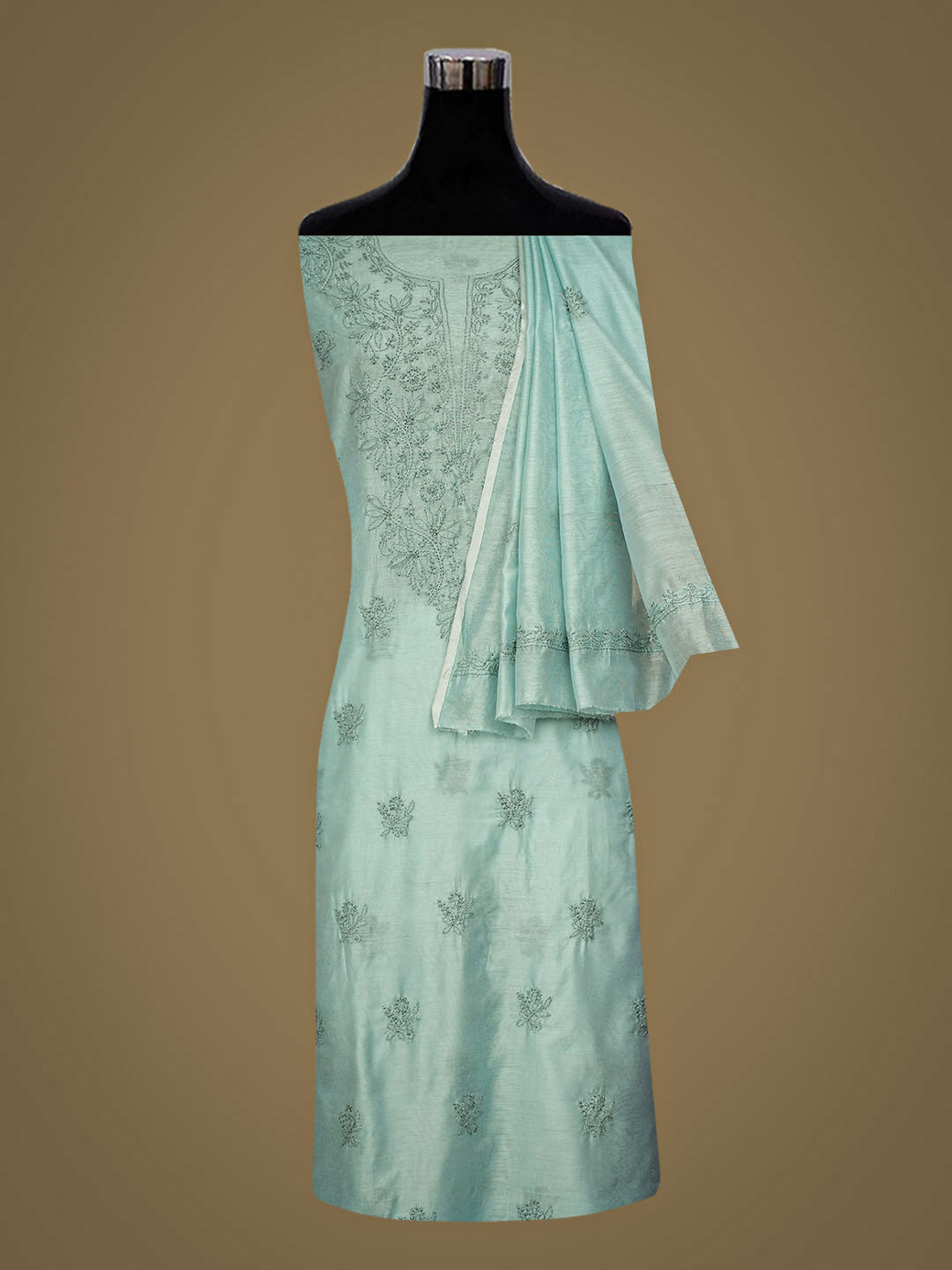 Ada Hand Embroidered Teal Green Chanderi Unstitched Lucknowi Chikankari Kurta Dupatta 01A981112