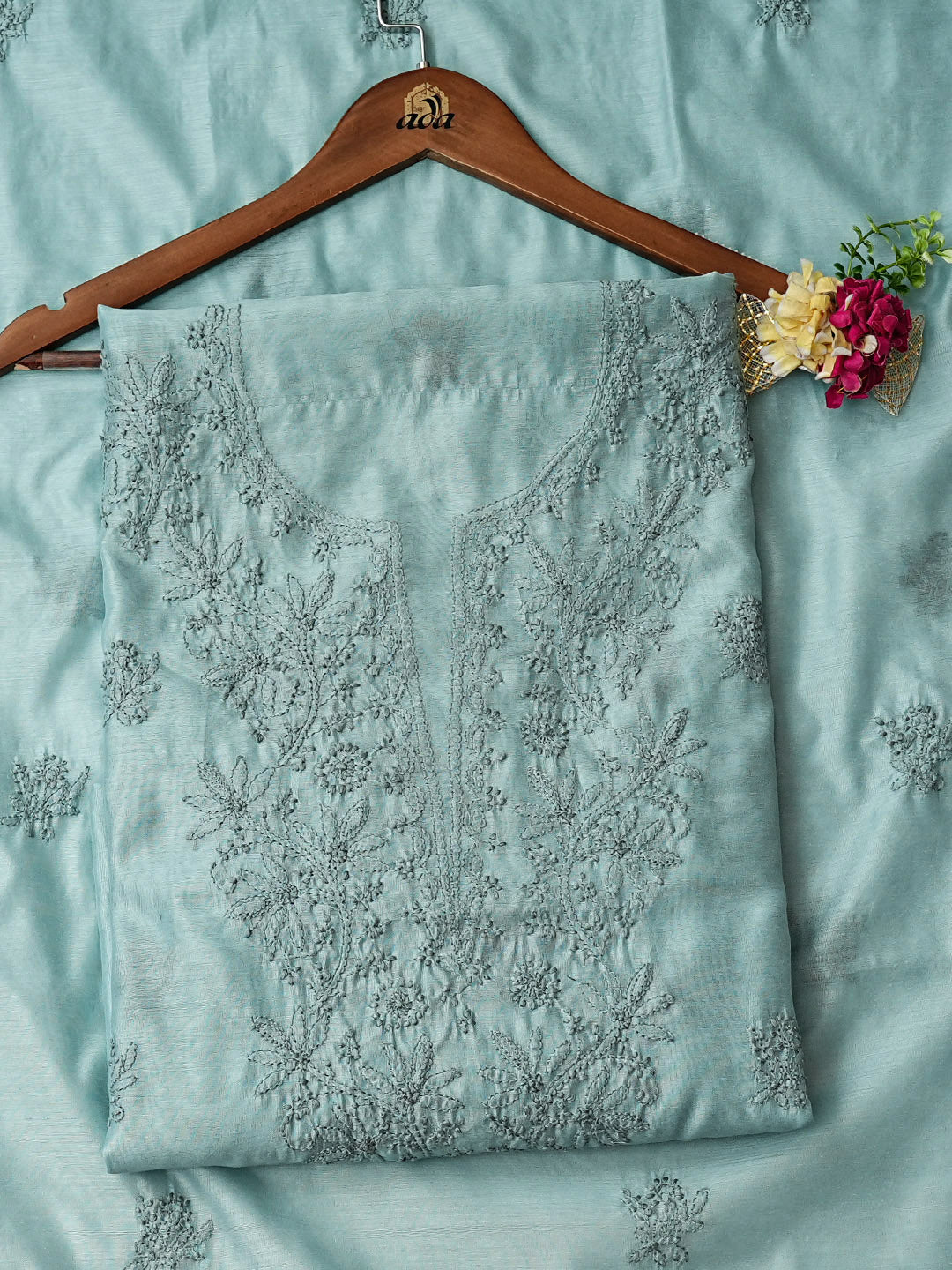 Ada Hand Embroidered Teal Green Chanderi Unstitched Lucknowi Chikankari Kurta Dupatta 01A981112