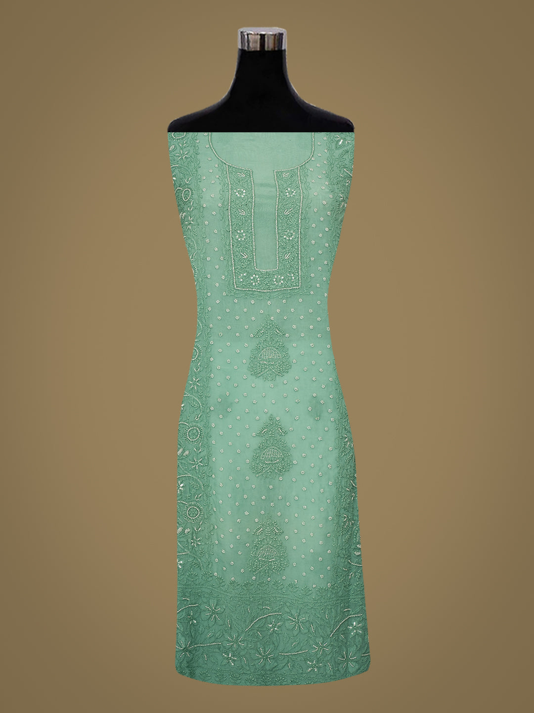 Ada Hand Embroidered Teal Organza Lucknowi Chikankari Unstitched Kurta Dupatta Set With Zari Work 01A403440