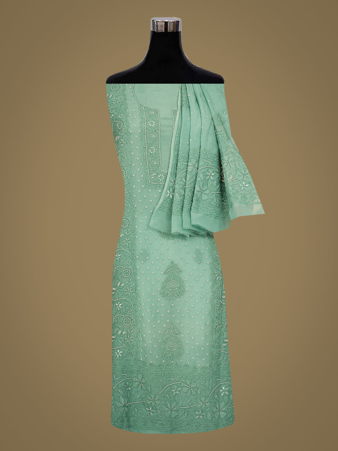 Ada Hand Embroidered Teal Organza Lucknowi Chikankari Unstitched Kurta Dupatta Set With Zari Work 01A403440