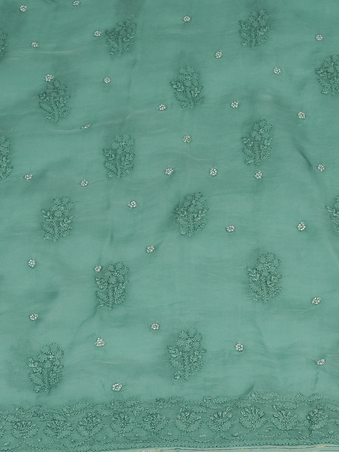 Ada Hand Embroidered Teal Organza Lucknowi Chikankari Unstitched Kurta Dupatta Set With Zari Work 01A403440