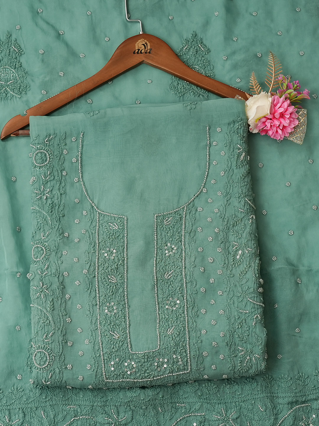 Ada Hand Embroidered Teal Organza Lucknowi Chikankari Unstitched Kurta Dupatta Set With Zari Work 01A403440