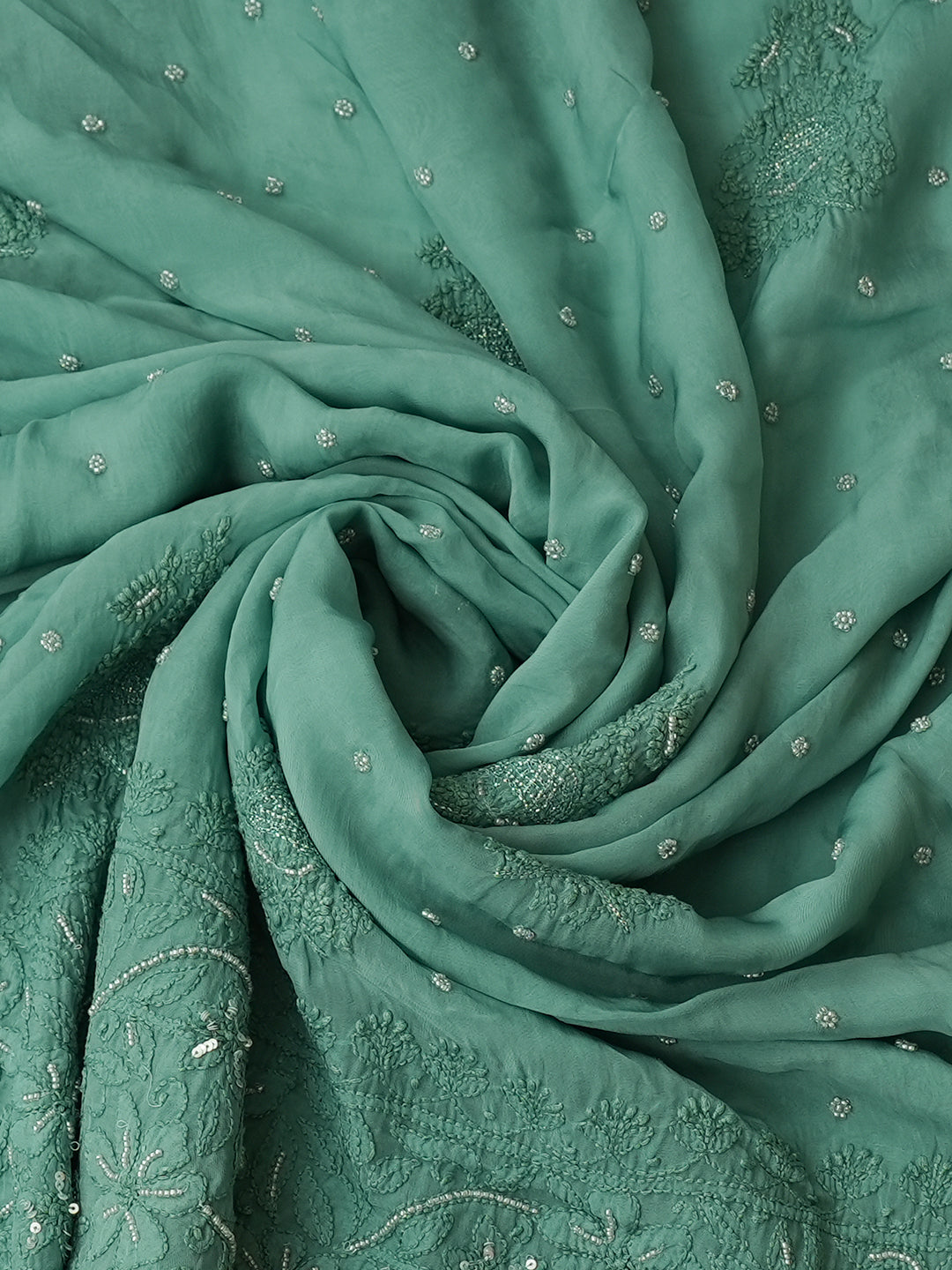 Ada Hand Embroidered Teal Organza Lucknowi Chikankari Unstitched Kurta Dupatta Set With Zari Work 01A403440