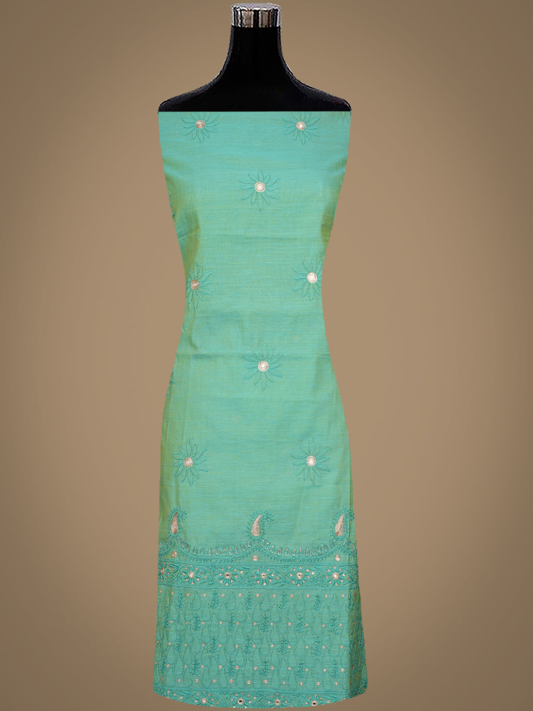 Ada Hand Embroidered Turquoise Green Chanderi Lucknowi Chikankari Unstitched Kurta With Zari Taar Work 01A548582