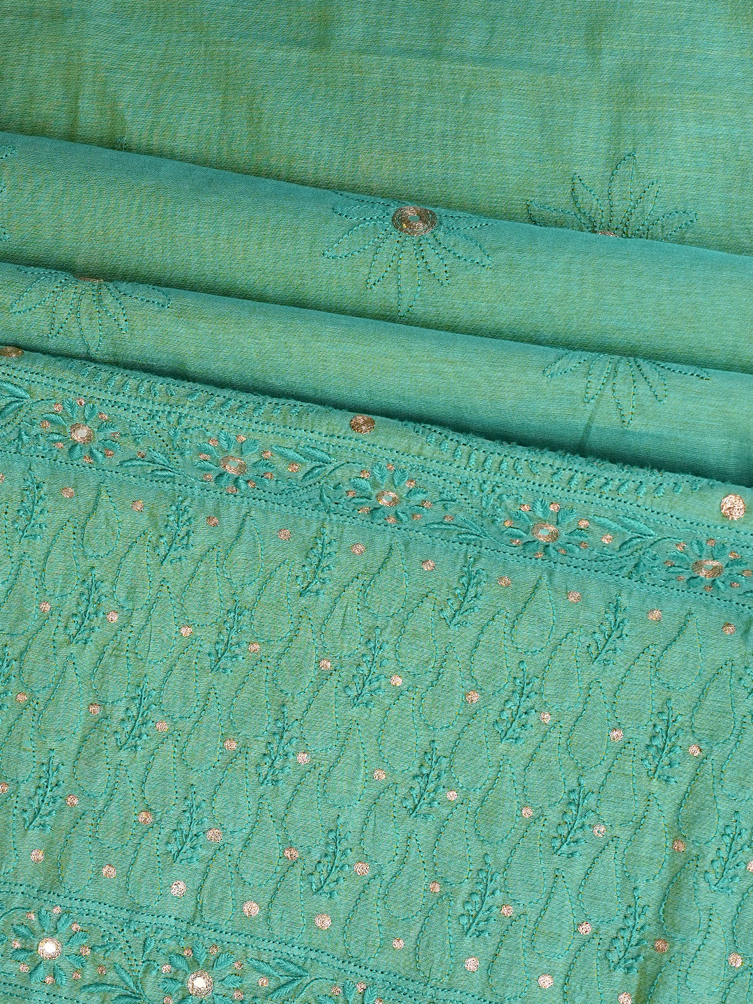 Ada Hand Embroidered Turquoise Green Chanderi Lucknowi Chikankari Unstitched Kurta With Zari Taar Work 01A548582