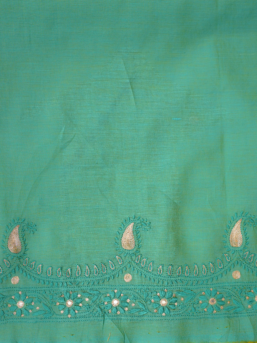 Ada Hand Embroidered Turquoise Green Chanderi Lucknowi Chikankari Unstitched Kurta With Zari Taar Work 01A548582