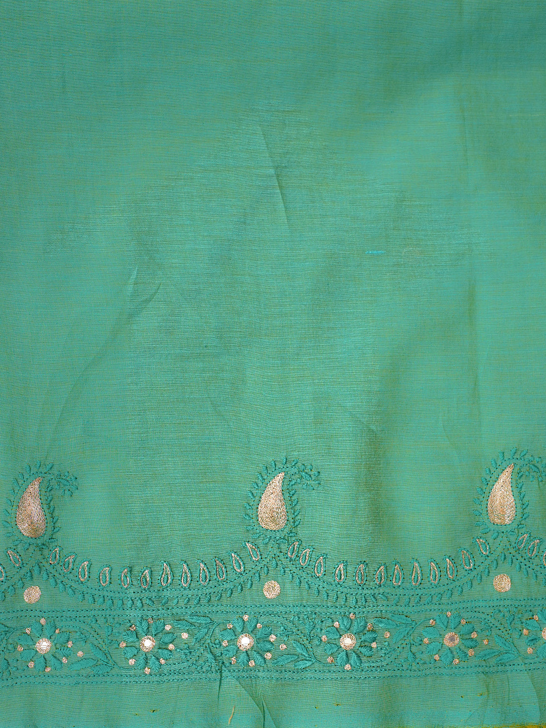 Ada Hand Embroidered Turquoise Green Chanderi Lucknowi Chikankari Unstitched Kurta With Zari Taar Work 01A548582