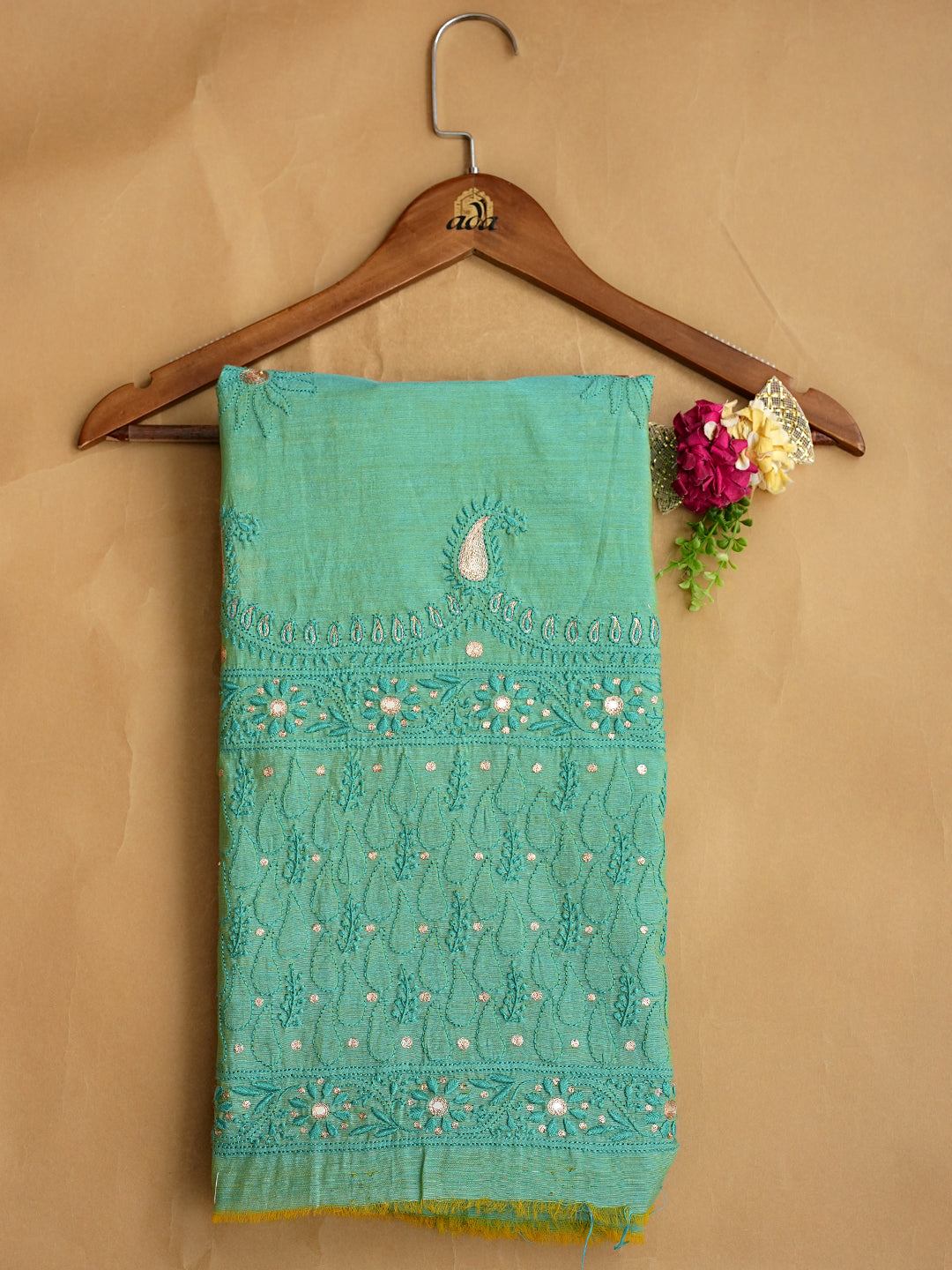 Ada Hand Embroidered Turquoise Green Chanderi Lucknowi Chikankari Unstitched Kurta With Zari Taar Work 01A548582