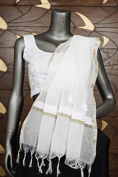 Ada Hand Embroidered White Chanderi Lucknowi Chikankari Dupatta 01A965768