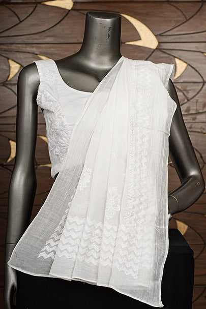 Ada Hand Embroidered White Chanderi Lucknowi Chikankari Dupatta 01A974294