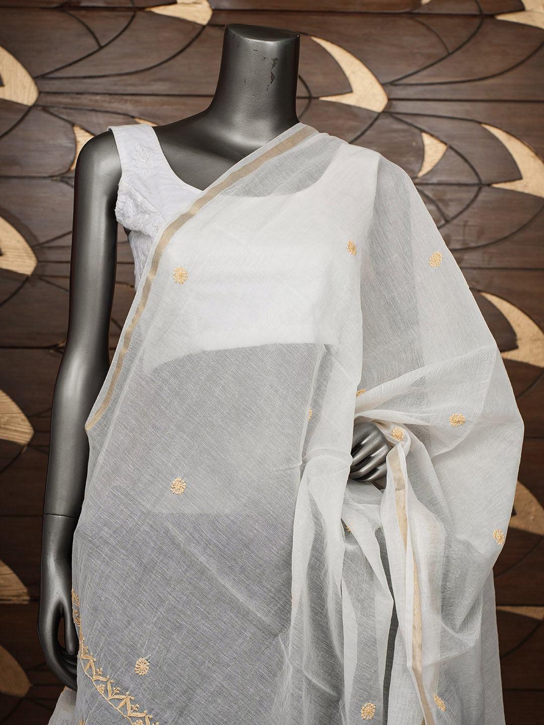 Ada Hand Embroidered White Chanderi Lucknowi Chikankari Dupatta 07A501839