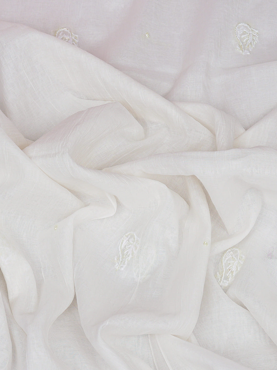 Ada Hand Embroidered White Chanderi Lucknowi Chikankari Dupatta With Cutdana Work 01A1003685