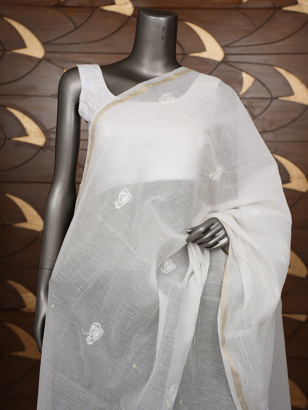 Ada Hand Embroidered White Chanderi Lucknowi Chikankari Dupatta With Cutdana Work 01A1003685