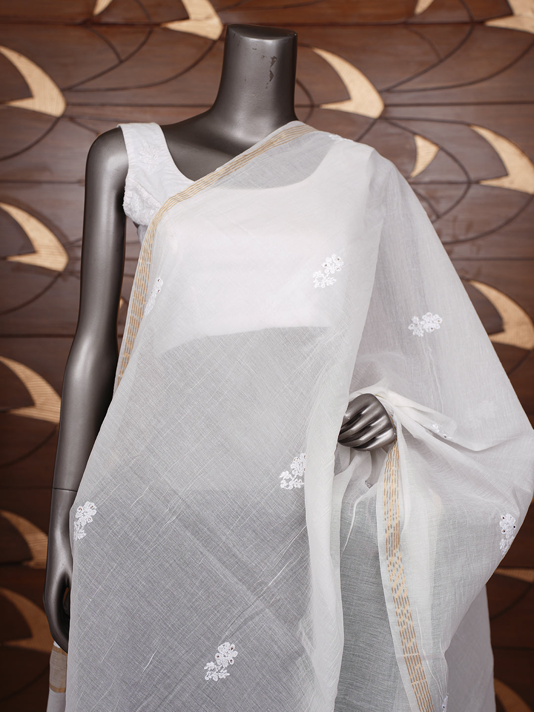 Ada Hand Embroidered White Chanderi Lucknowi Chikankari Dupatta With Muqaish/Mukaish Work 01A1014087_1