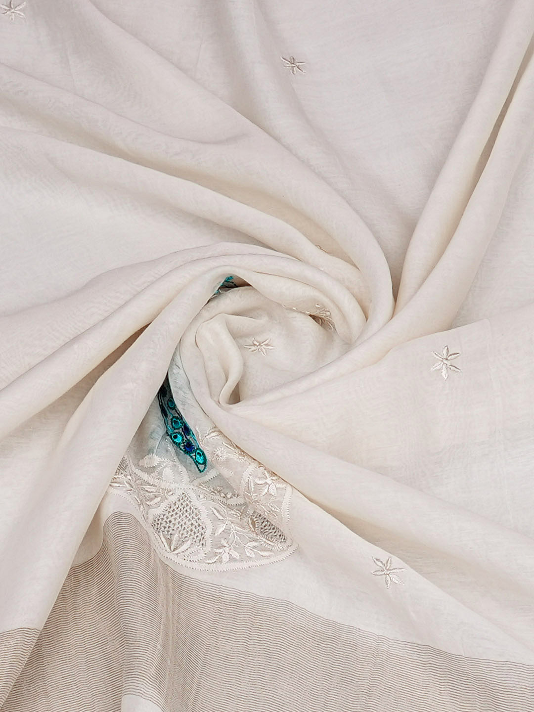 Ada Hand Embroidered White Chanderi Lucknowi Chikankari Dupatta With Zari Taar Wrok 01A947220