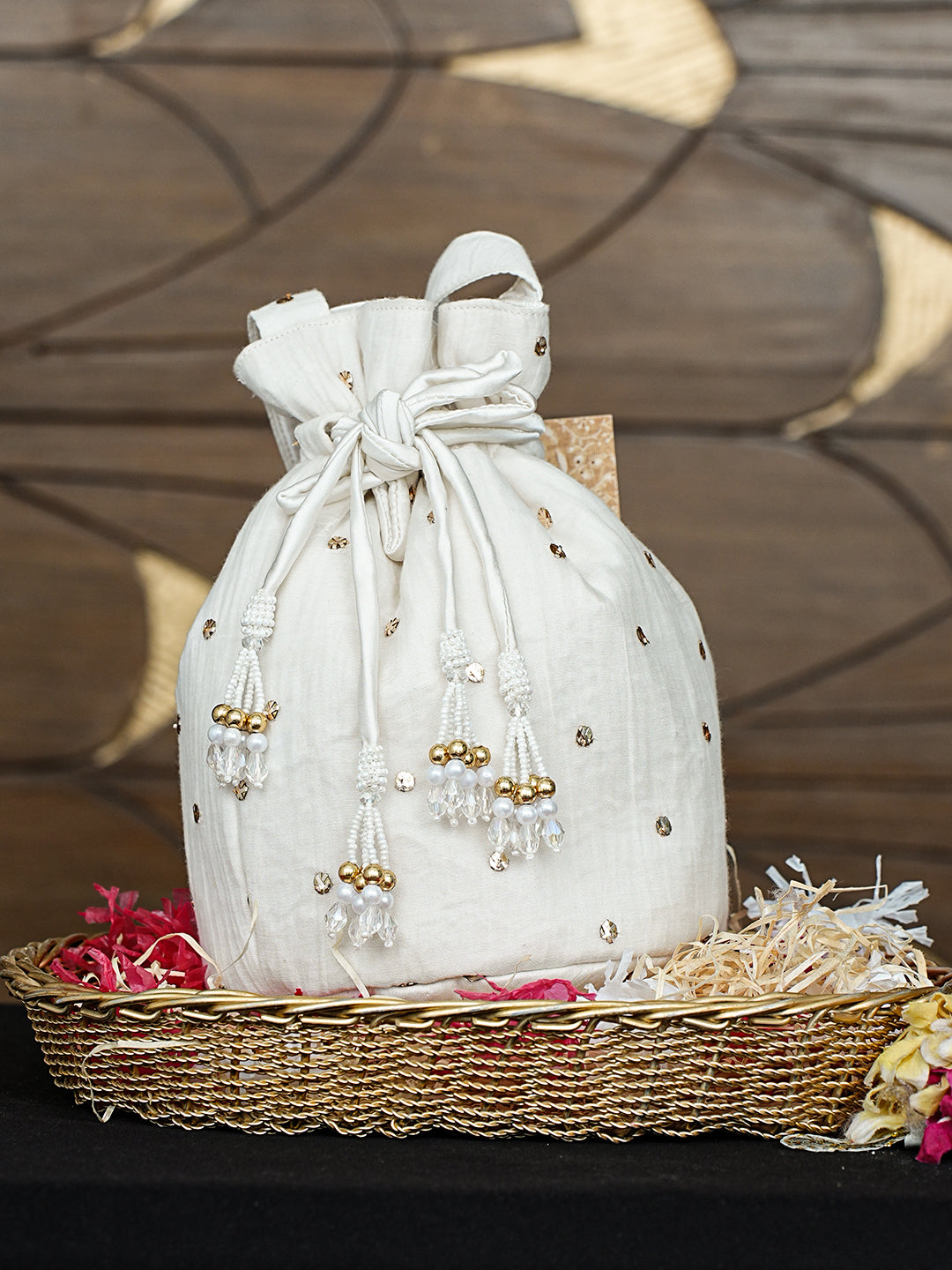 Ada Hand Embroidered White Chanderi Lucknowi Chikankari Potli Bag With Muqaish Work 01A996465