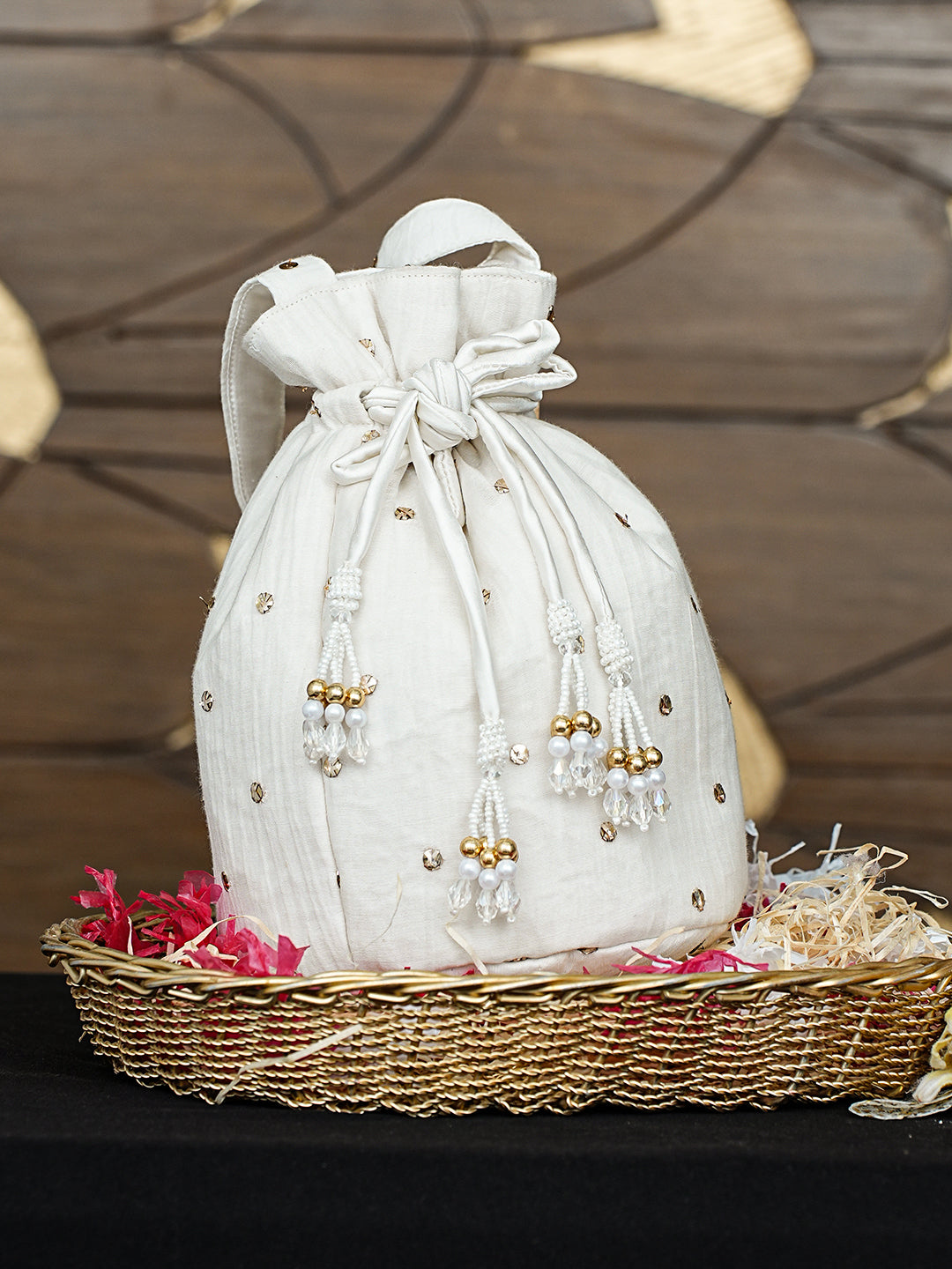 Ada Hand Embroidered White Chanderi Lucknowi Chikankari Potli Bag With Muqaish Work 01A996465