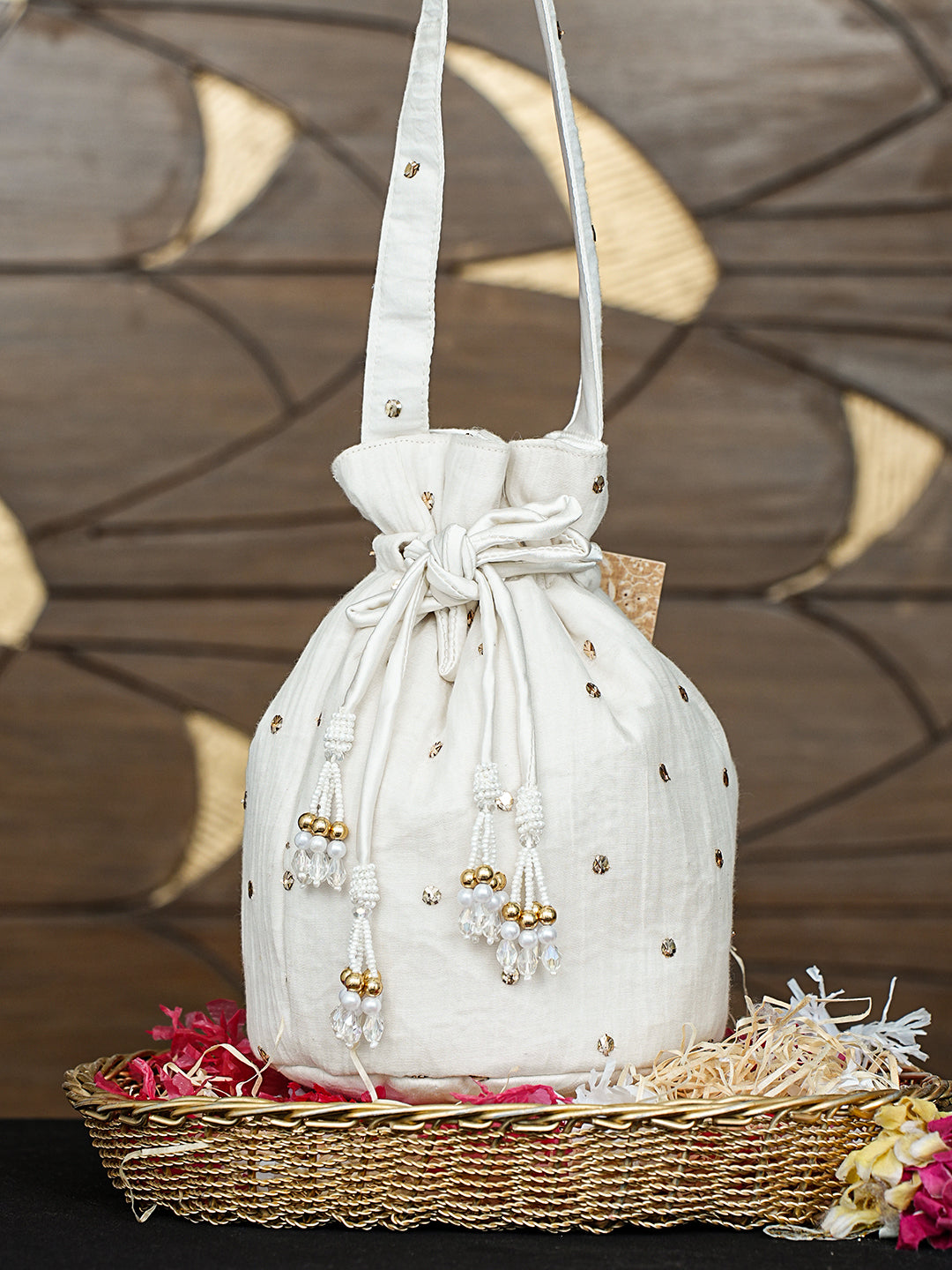 Ada Hand Embroidered White Chanderi Lucknowi Chikankari Potli Bag With Muqaish Work 01A996465