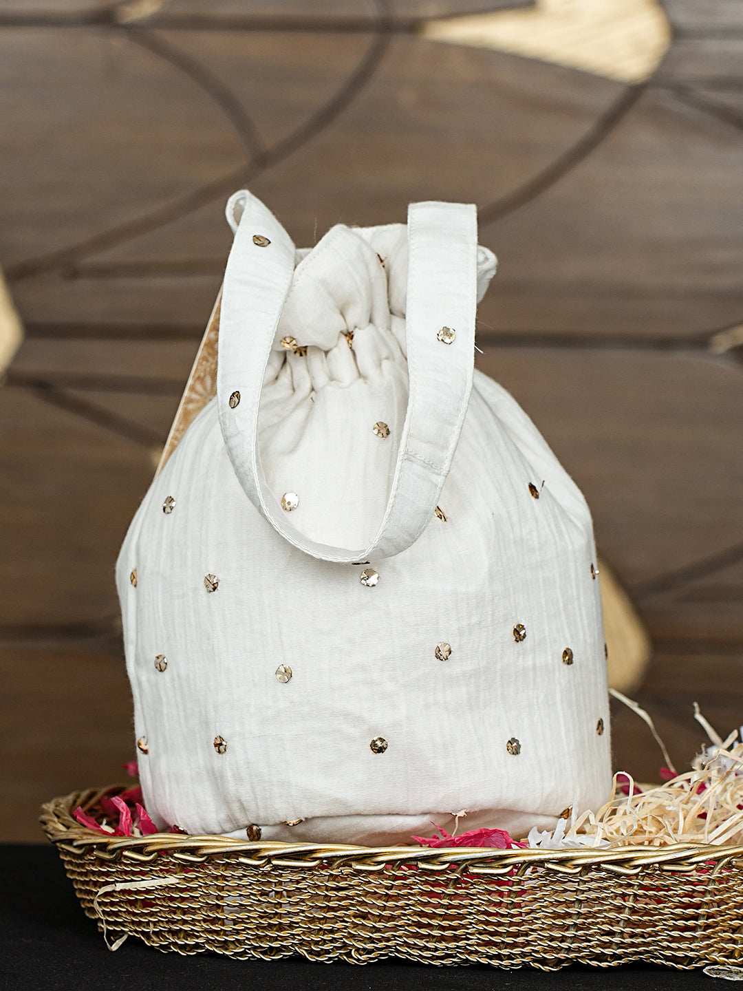 Ada Hand Embroidered White Chanderi Lucknowi Chikankari Potli Bag With Muqaish Work 01A996465