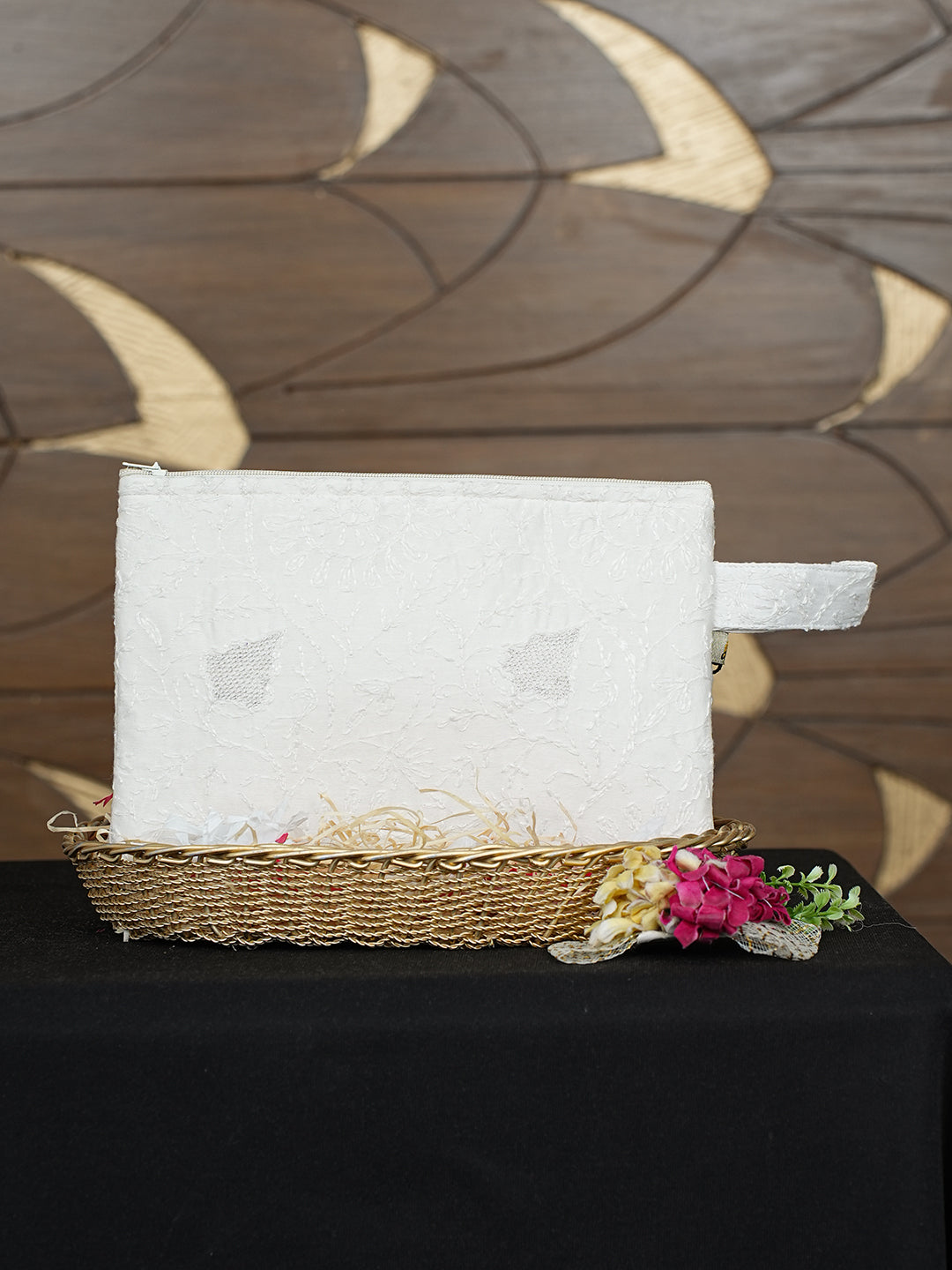 Ada Hand Embroidered White Chanderi Lucknowi Chikankari Pouch with Zari Work 01A990316