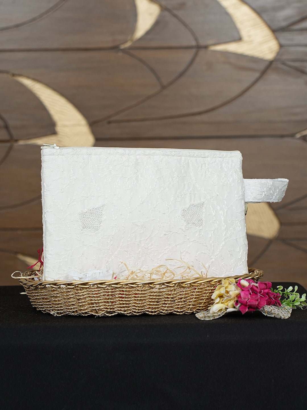 Ada Hand Embroidered White Chanderi Lucknowi Chikankari Pouch with Zari Work 01A990316