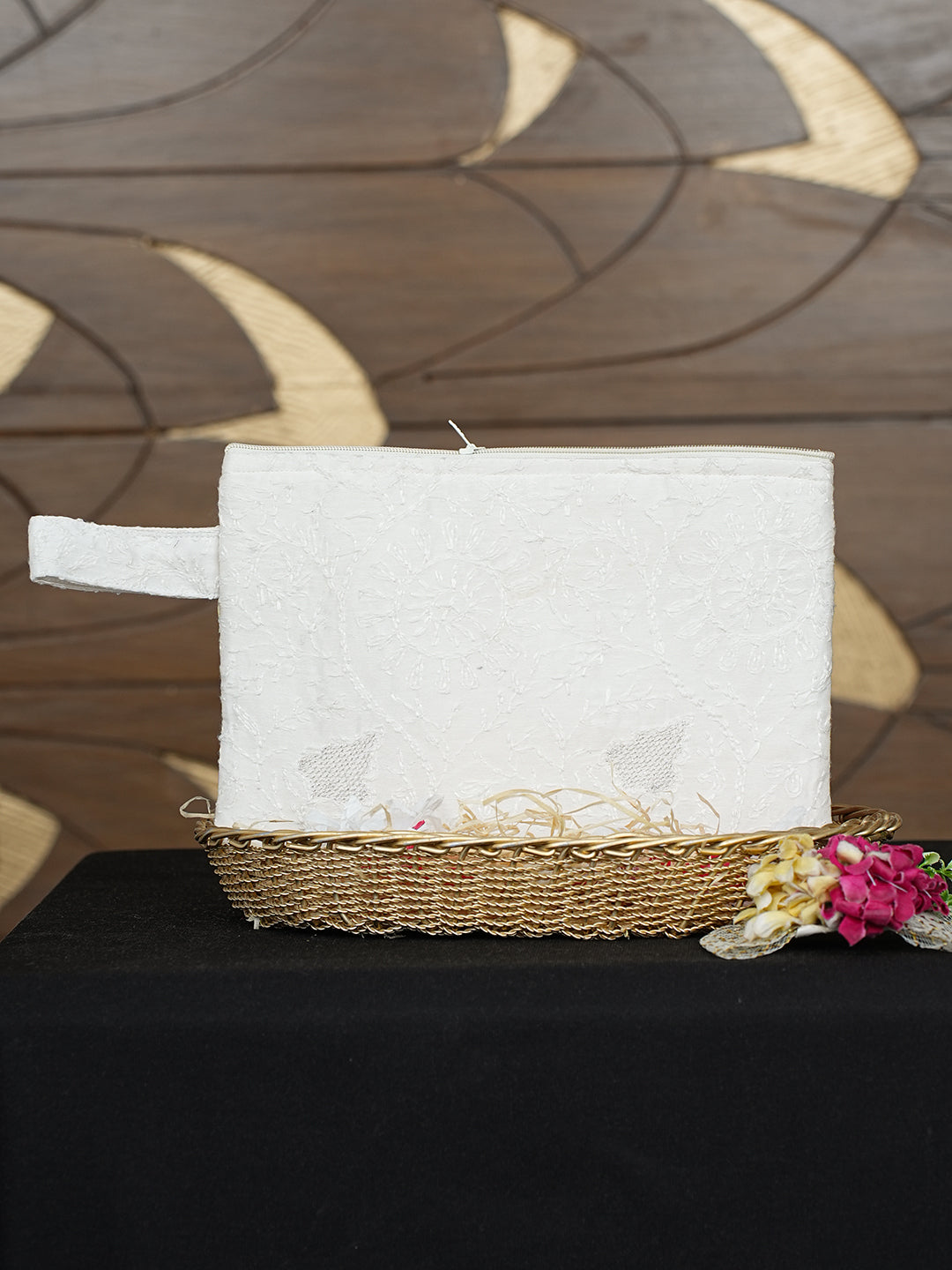 Ada Hand Embroidered White Chanderi Lucknowi Chikankari Pouch with Zari Work 01A990316