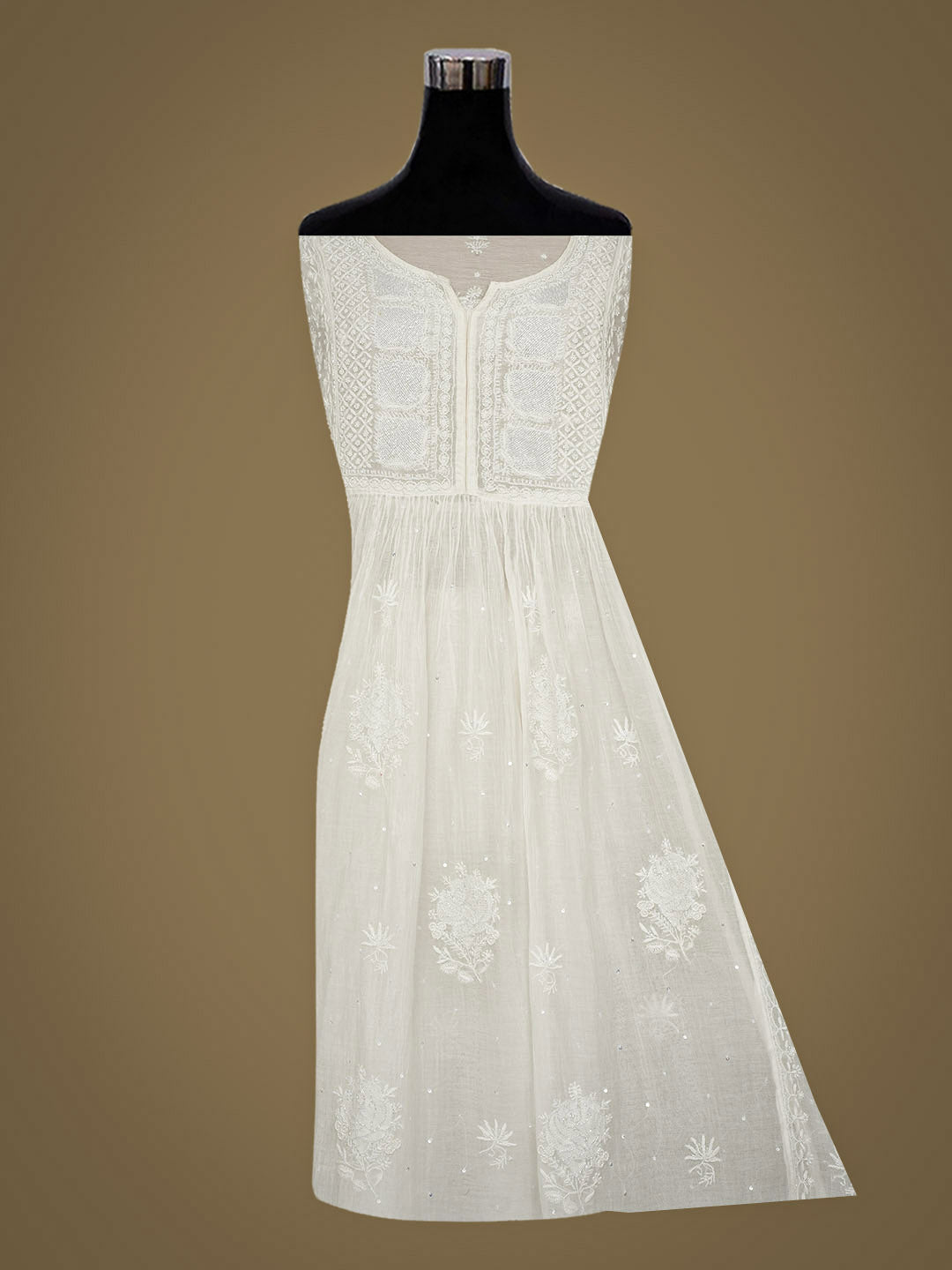 Ada Hand Embroidered White Chanderi Lucknowi Chikankari Semi-Stitched A-Line Kurta Dupatta Set With Cutdana Work 01A954234