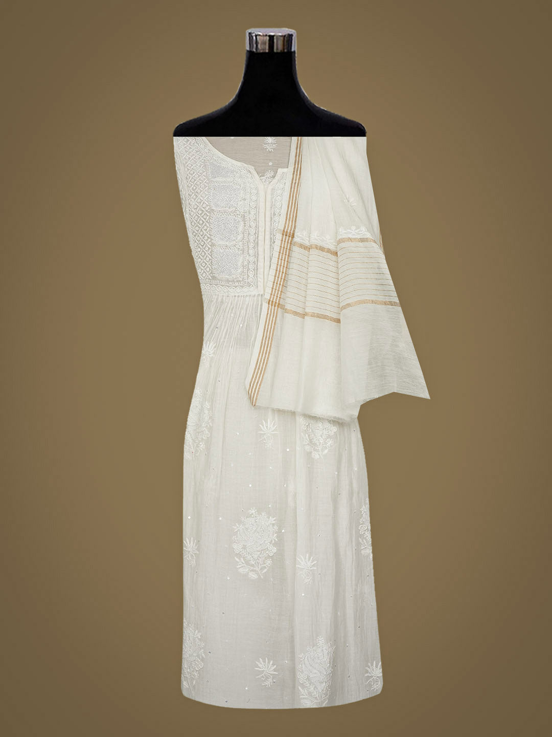 Ada Hand Embroidered White Chanderi Lucknowi Chikankari Semi-Stitched A-Line Kurta Dupatta Set With Cutdana Work 01A954234