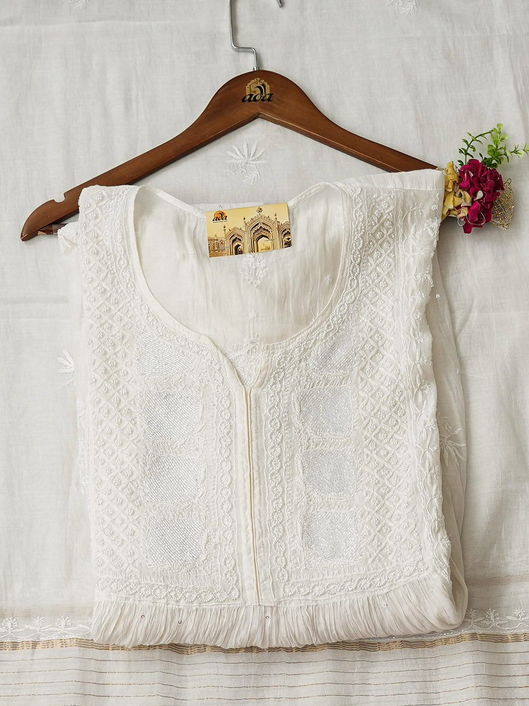 Ada Hand Embroidered White Chanderi Lucknowi Chikankari Semi-Stitched A-Line Kurta Dupatta Set With Cutdana Work 01A954234