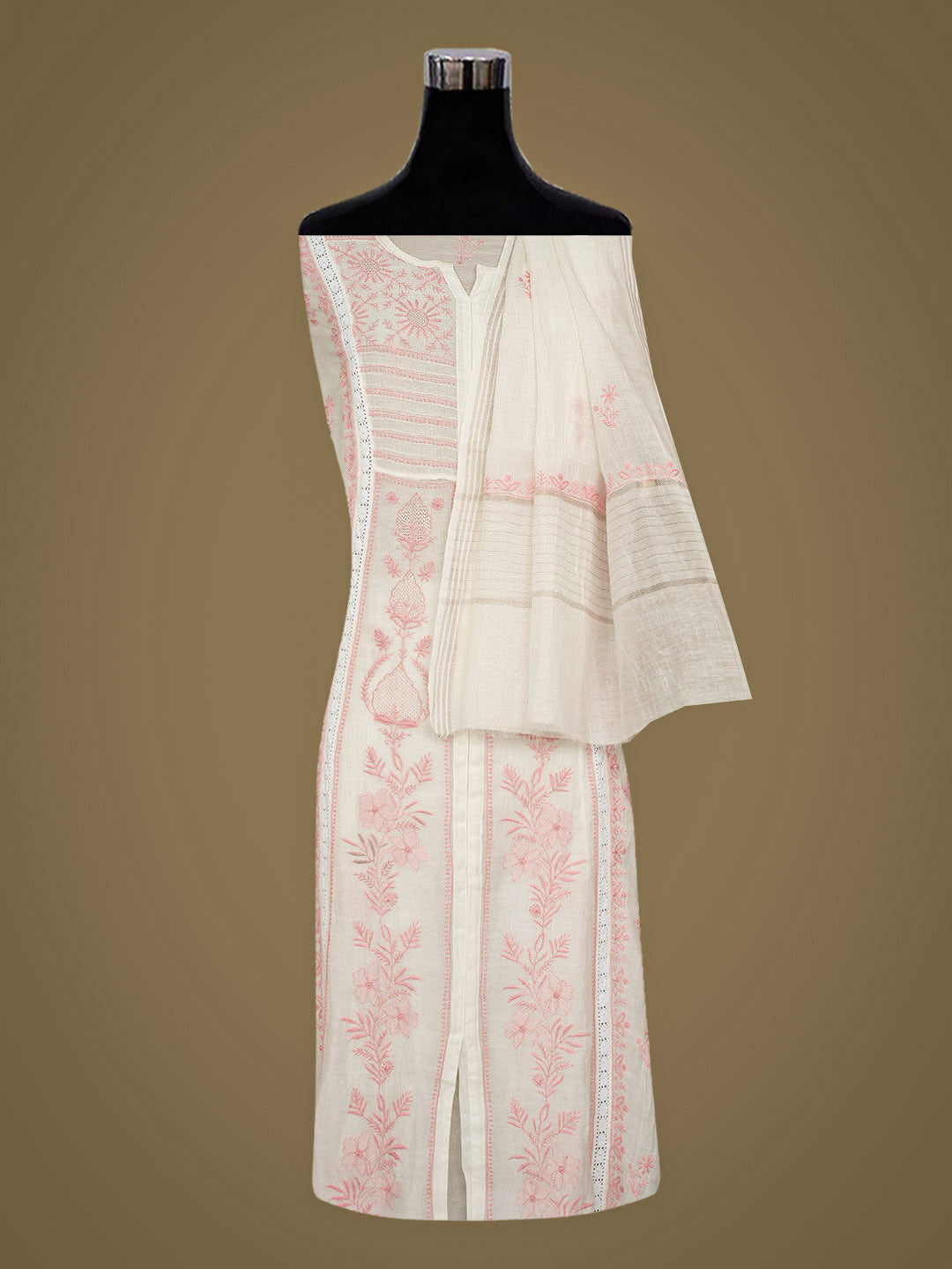 Ada Hand Embroidered White Chanderi Lucknowi Chikankari Semi-Stitched Kurta Dupatta Set 01A939476