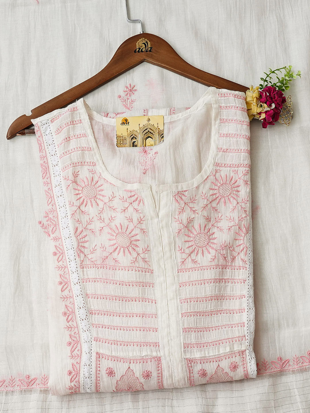 Ada Hand Embroidered White Chanderi Lucknowi Chikankari Semi-Stitched Kurta Dupatta Set 01A939476