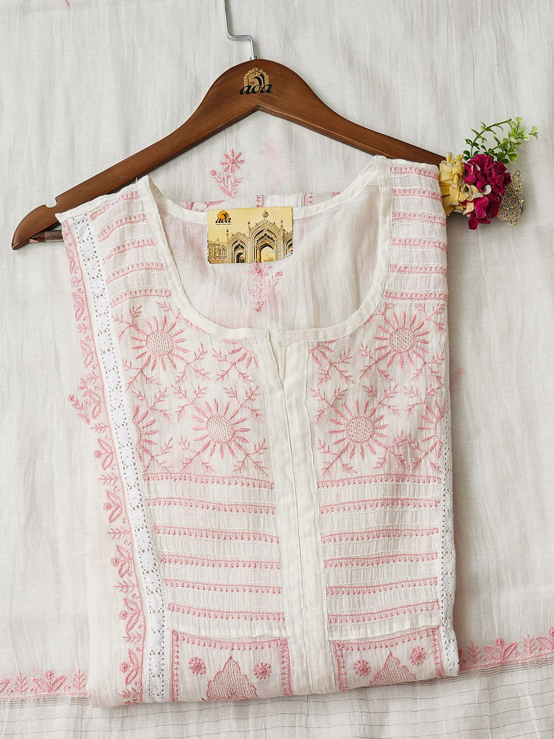 Ada Hand Embroidered White Chanderi Lucknowi Chikankari Semi-Stitched Kurta Dupatta Set 01A939476