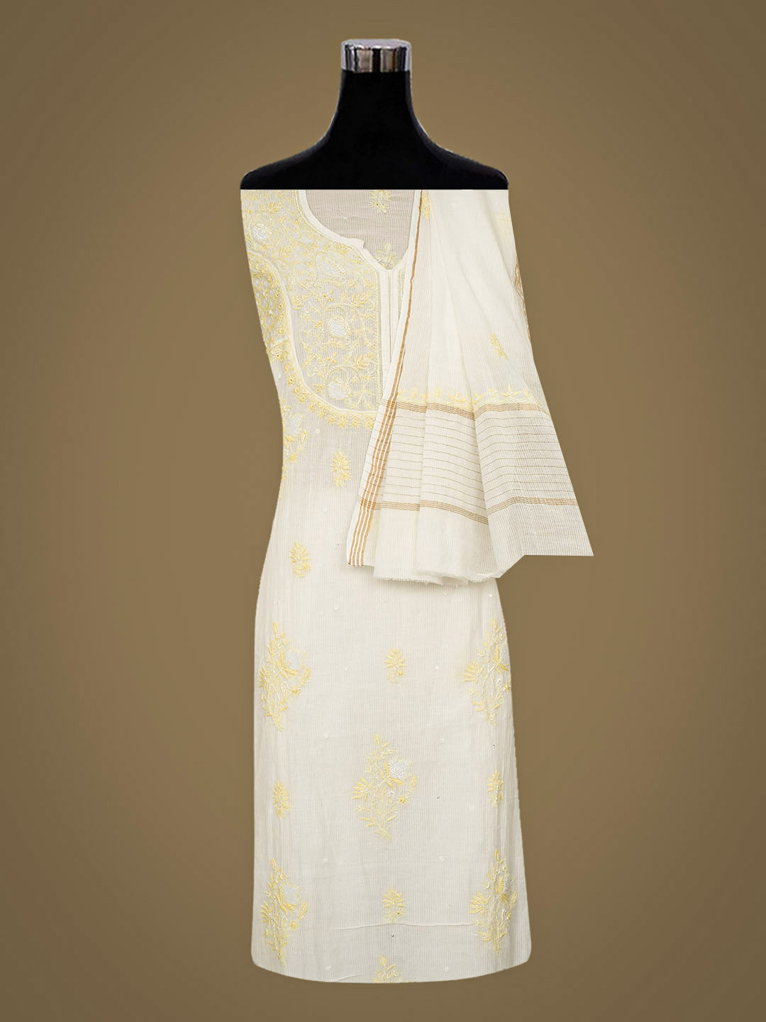 Ada Hand Embroidered White Chanderi Lucknowi Chikankari Semi-Stitched Kurta Dupatta Set With Cutdana Work 01A612141