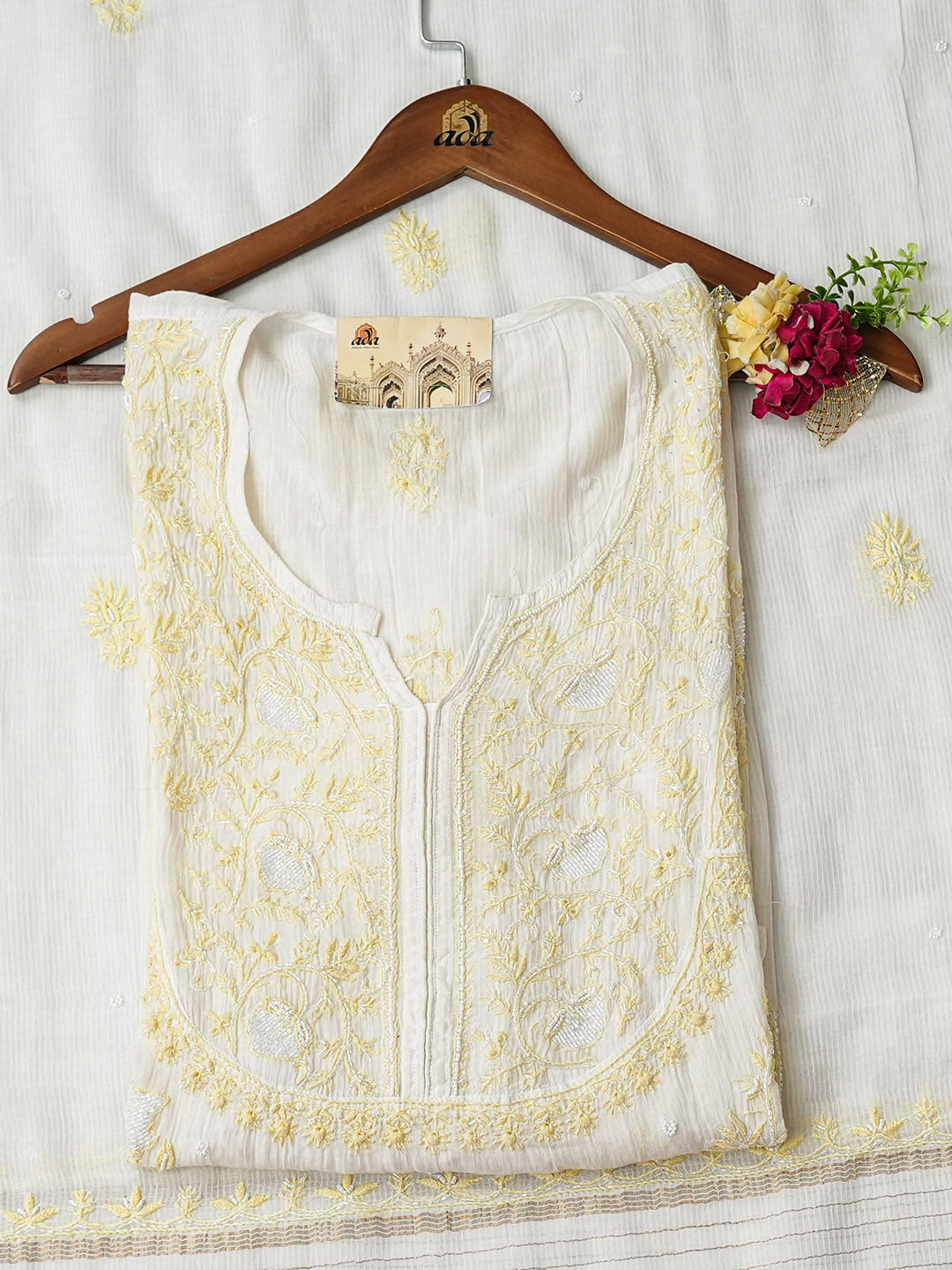Ada Hand Embroidered White Chanderi Lucknowi Chikankari Semi-Stitched Kurta Dupatta Set With Cutdana Work 01A612141