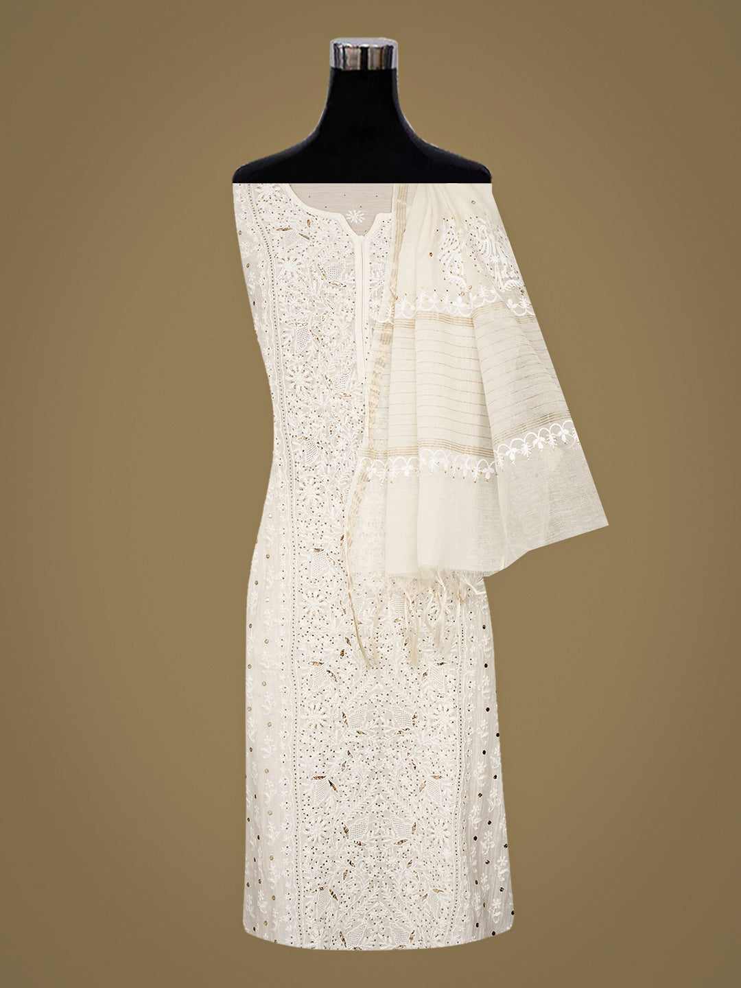 Ada Hand Embroidered White Chanderi Lucknowi Chikankari Semi-Stitched Kurta Dupatta Set With Muqaish/Mukaish Work 01A911761