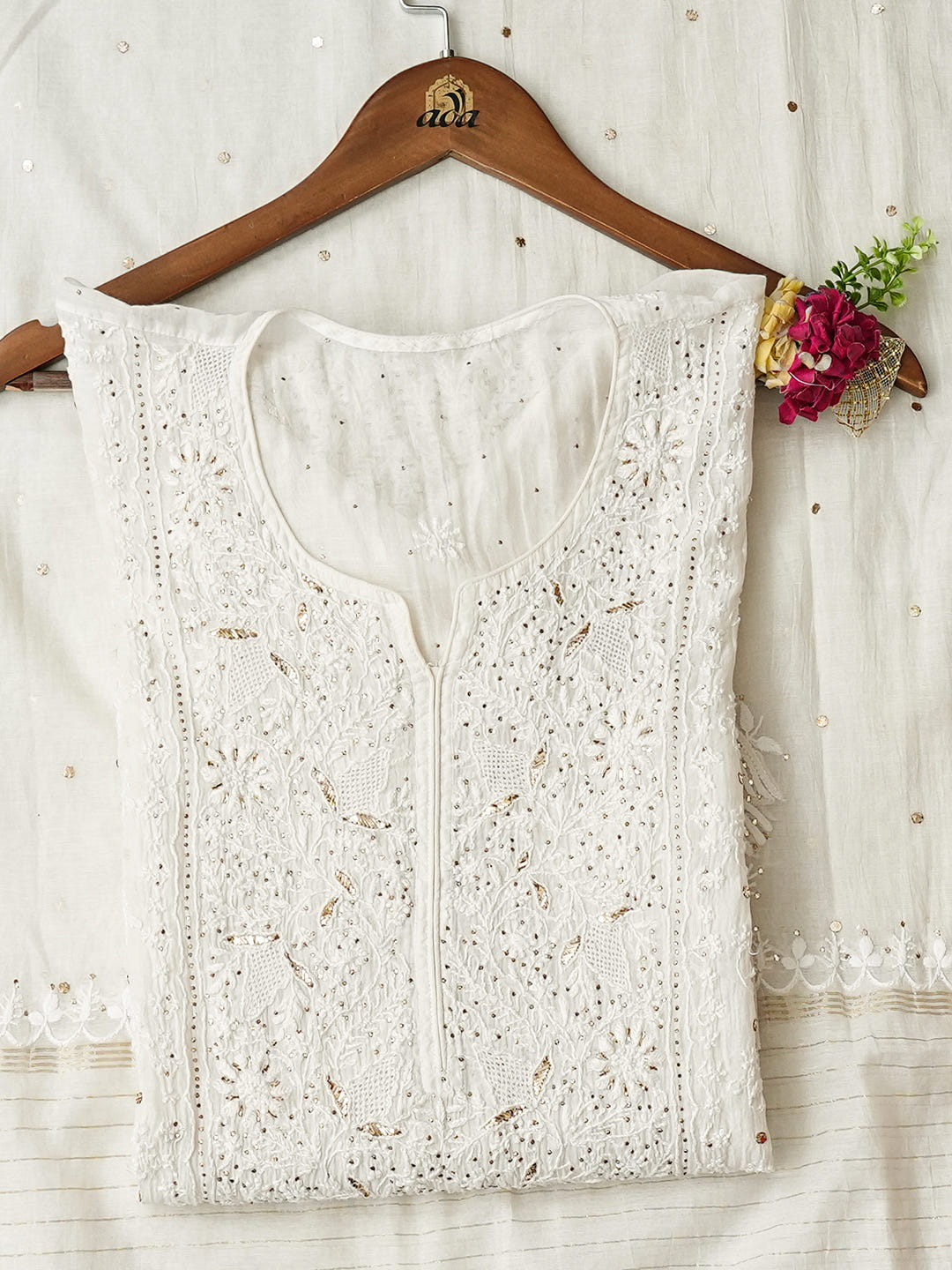 Ada Hand Embroidered White Chanderi Lucknowi Chikankari Semi-Stitched Kurta Dupatta Set With Muqaish/Mukaish Work 01A911761