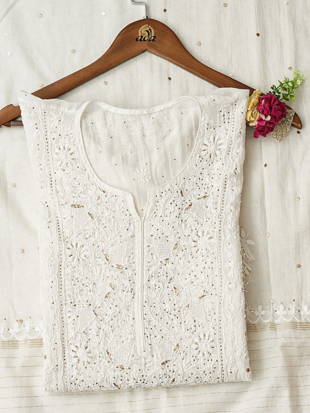 Ada Hand Embroidered White Chanderi Lucknowi Chikankari Semi-Stitched Kurta Dupatta Set With Muqaish/Mukaish Work 01A911761