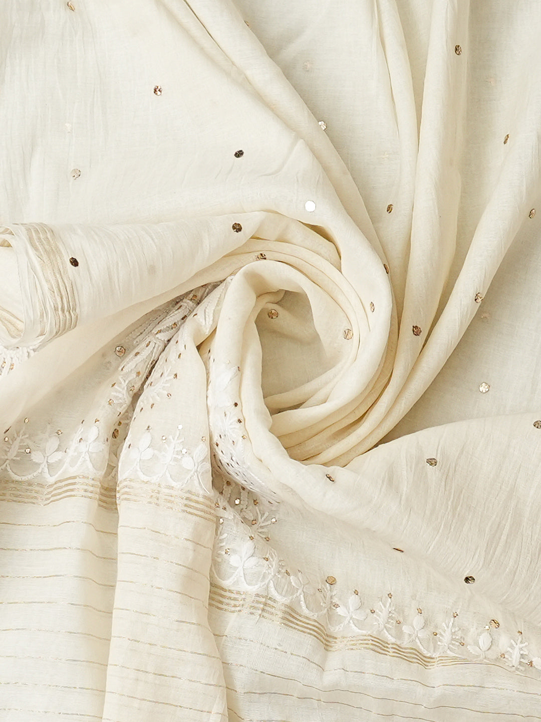 Ada Hand Embroidered White Chanderi Lucknowi Chikankari Semi-Stitched Kurta Dupatta Set With Muqaish/Mukaish Work 01A911761