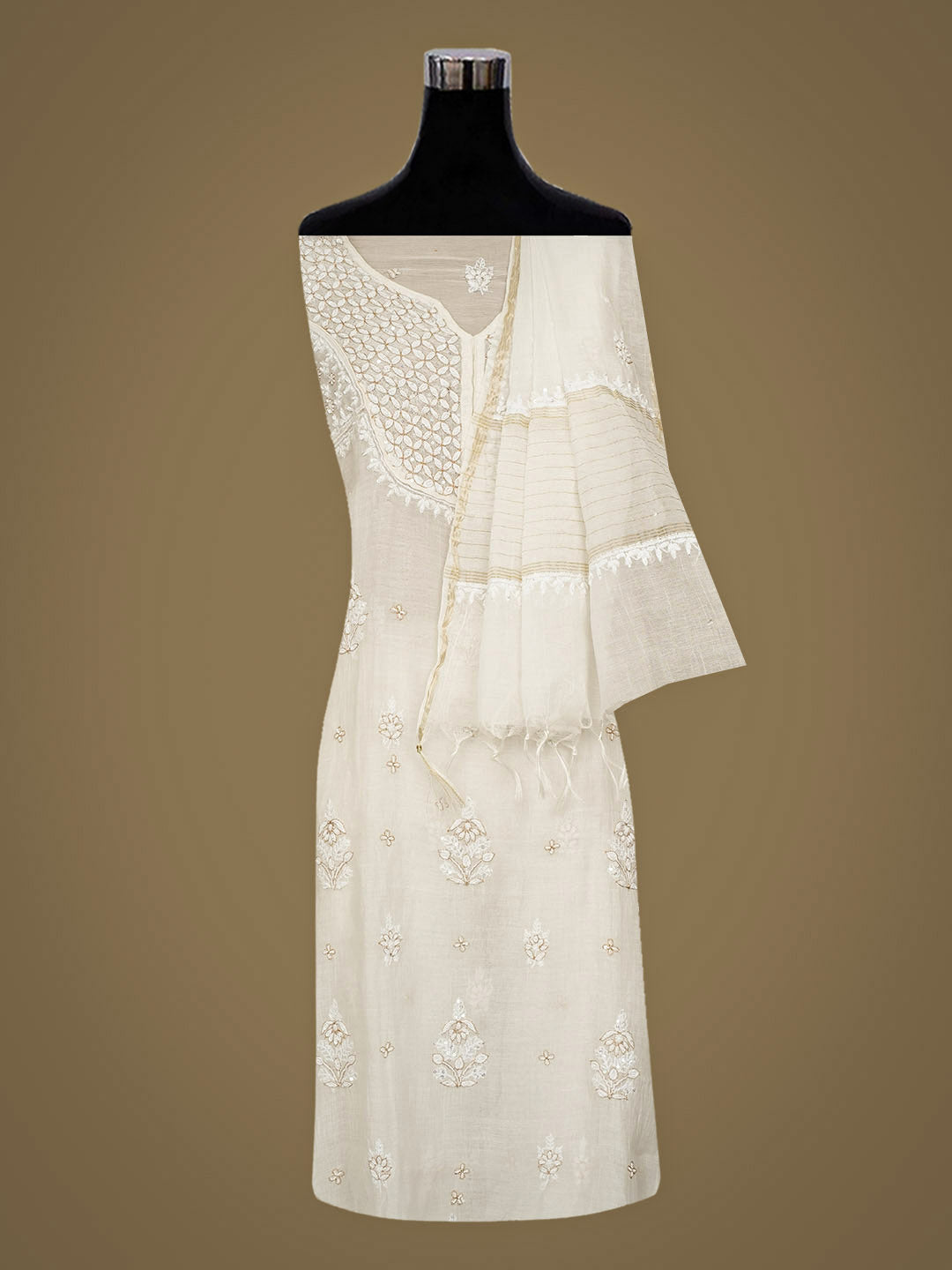 Ada Hand Embroidered White Chanderi Lucknowi Chikankari Semi-Stitched Kurta Dupatta Set With Pearl Work 01A967604