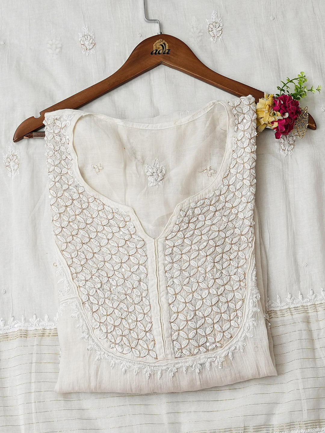Ada Hand Embroidered White Chanderi Lucknowi Chikankari Semi-Stitched Kurta Dupatta Set With Pearl Work 01A967604