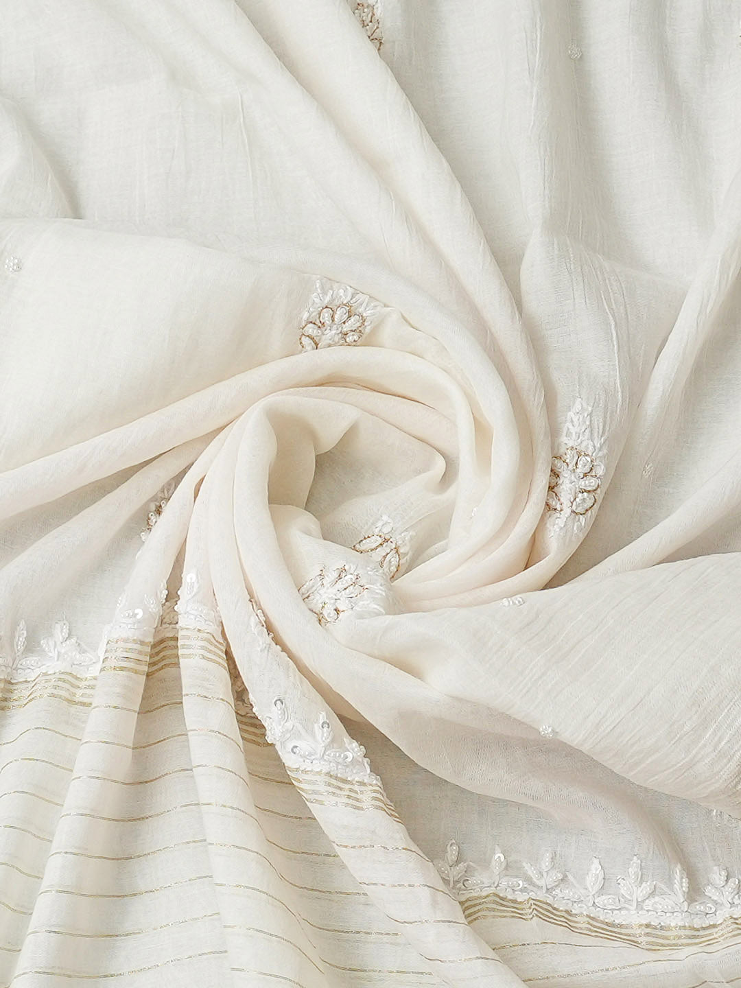 Ada Hand Embroidered White Chanderi Lucknowi Chikankari Semi-Stitched Kurta Dupatta Set With Pearl Work 01A967604