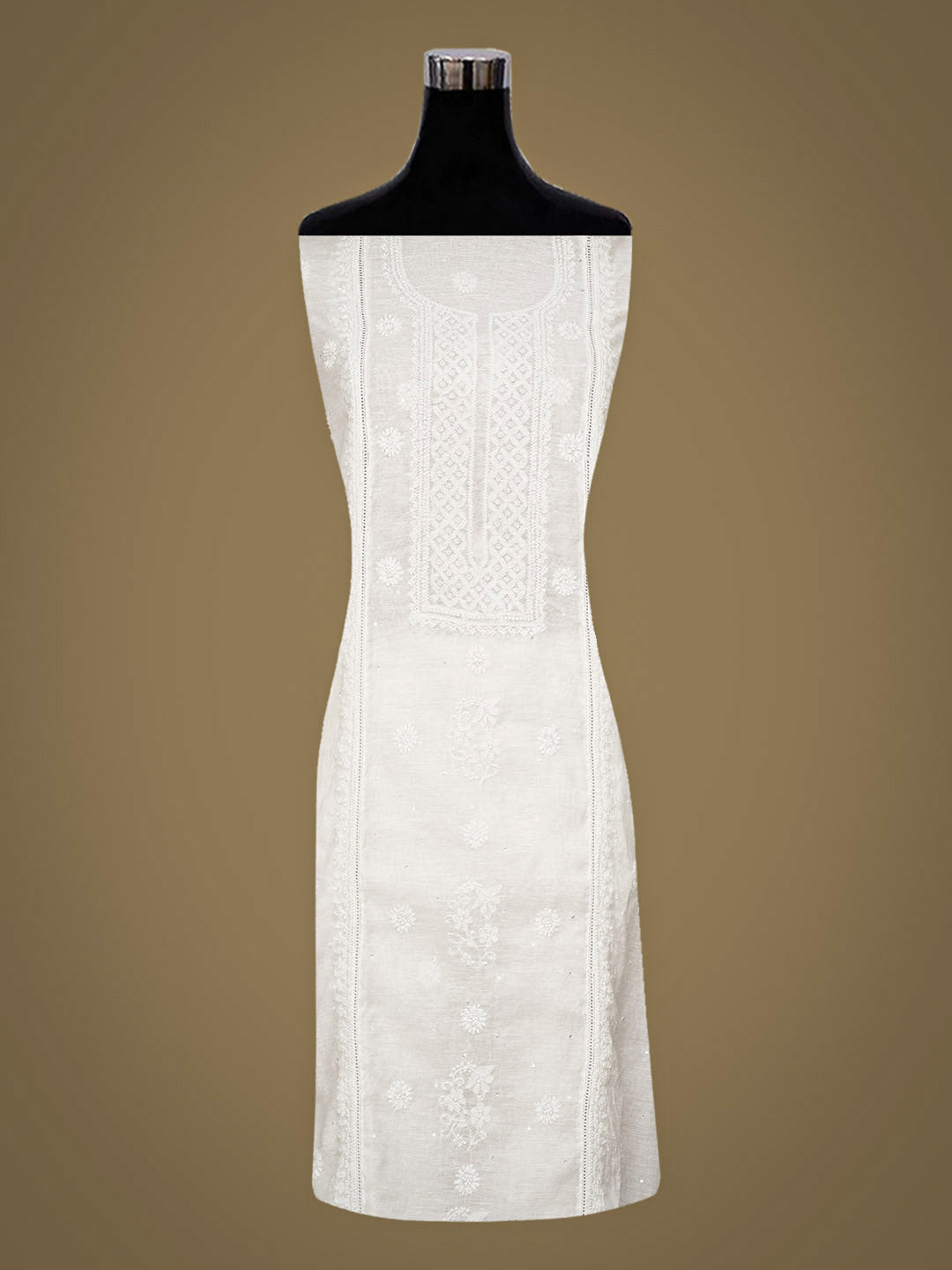 Ada Hand Embroidered White Chanderi Lucknowi Chikankari Semi-Stitched Kurta Dupatta set with Pearl, Sequinned & Cutdana Work 01A435642