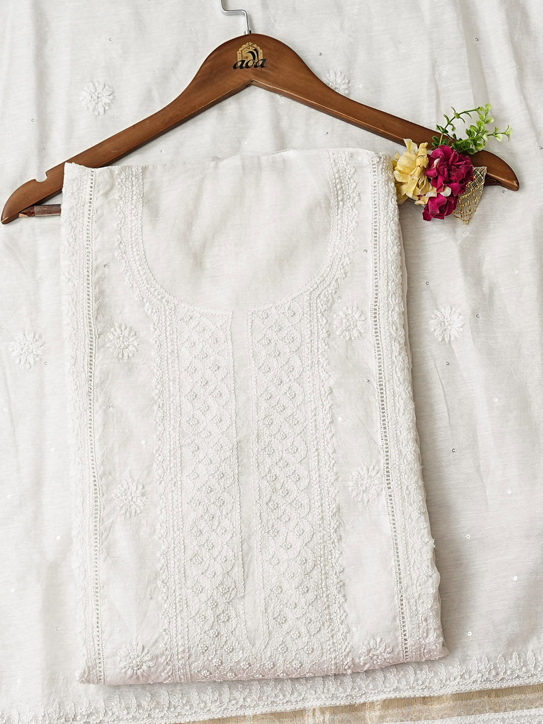 Ada Hand Embroidered White Chanderi Lucknowi Chikankari Semi-Stitched Kurta Dupatta set with Pearl, Sequinned & Cutdana Work 01A435642