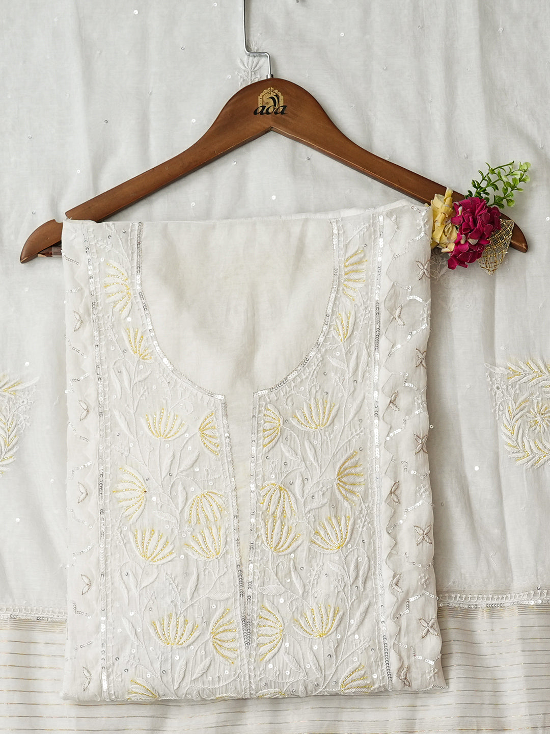 Ada Hand Embroidered White Chanderi Lucknowi Chikankari Semi-Stitched Kurta Dupatta set with Pearl, Sequinned & Cutdana Work 01A988202